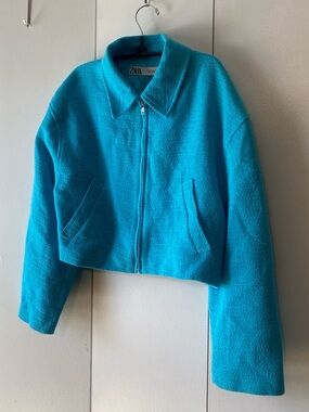 Zara Collared Cropped Textured Tweed Bomber Zip Jacket in Teal Sky Blue Medium